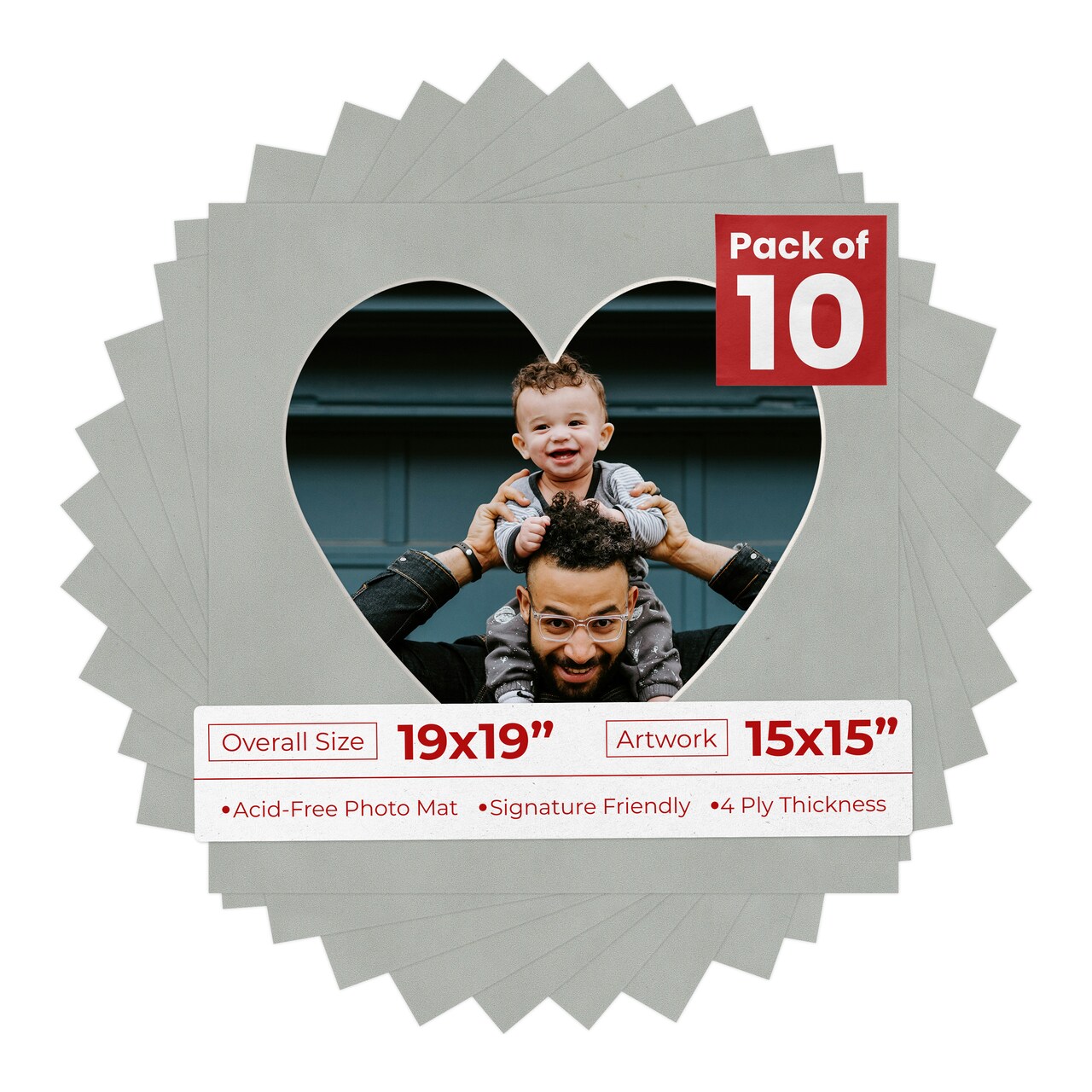 Light Grey Suede Mat Board for 19x19 Frames - Heart Opening for 15x15 Photos